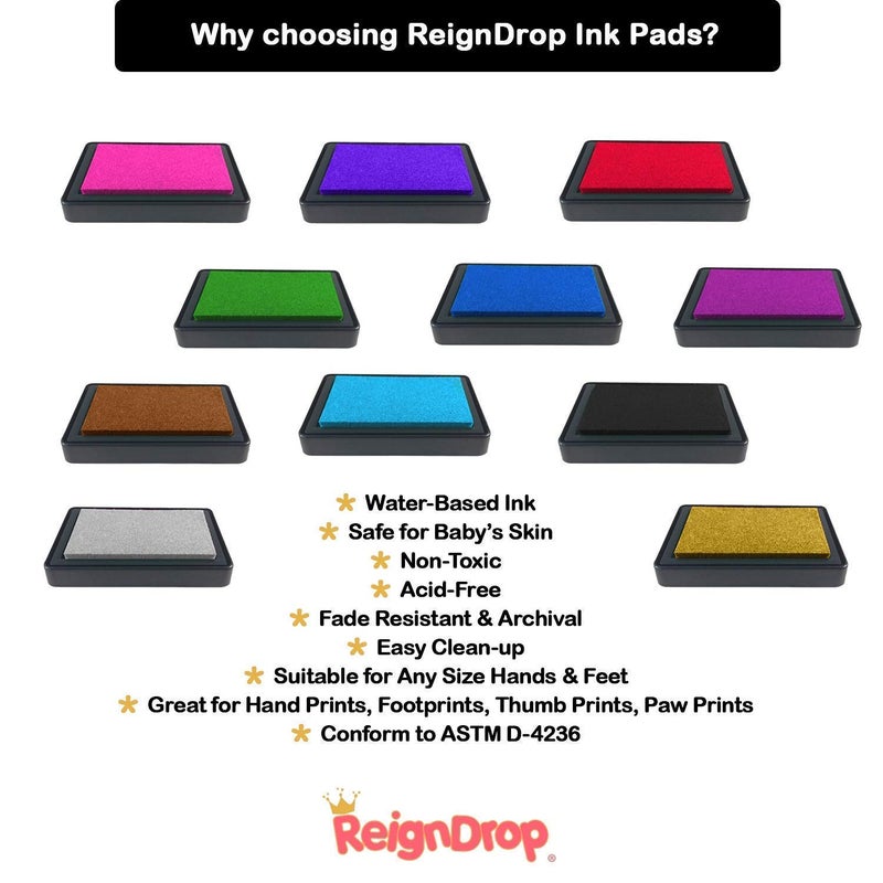 ReignDrop وسادة حبر رين دروب لطباعة بصمة قدم ويد الطفل - تخلق ختم تذكاري رائع يدوم طويلاً للرضع والأطفال. مقاومة للتلطيخ، سهلة المسح عن الجلد، آمنة ولطيفة خالية من الأحماض (أسود) - Image 5